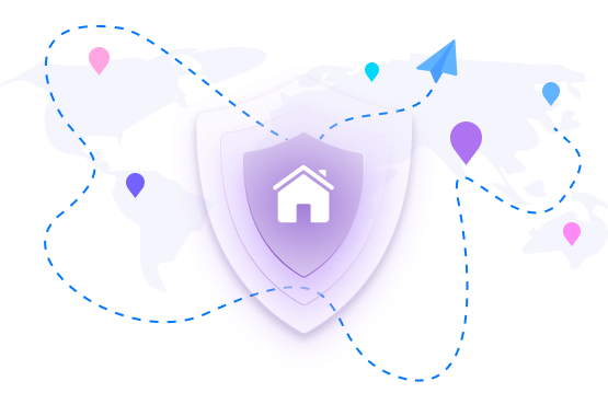 world map with a shield with houses surrounded by location markers and arrows